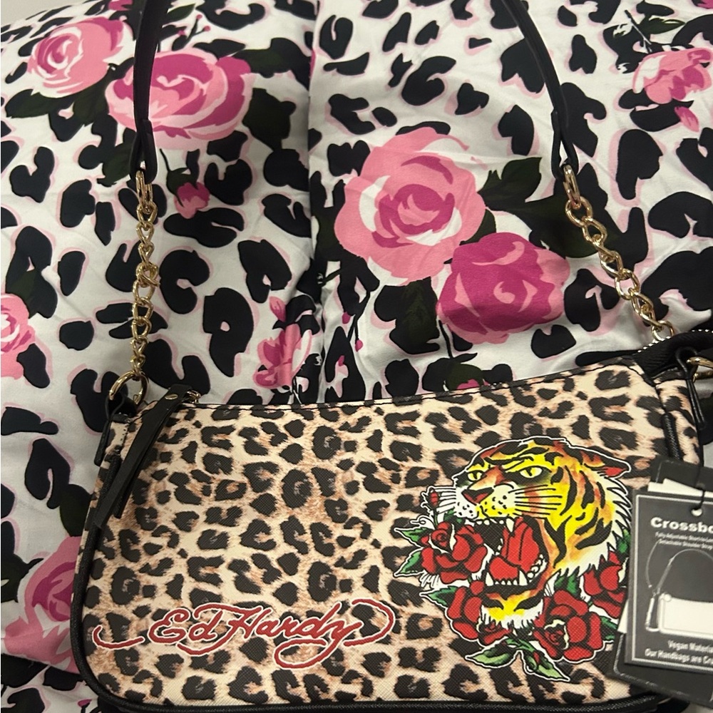 Ed Hardy Wild Leopard Crossbody Bag with Red and Gold Accents